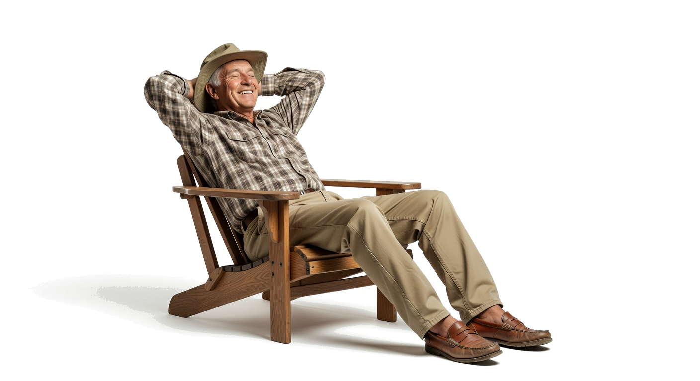 Relaxed man in Adirondack chair with fishing hat