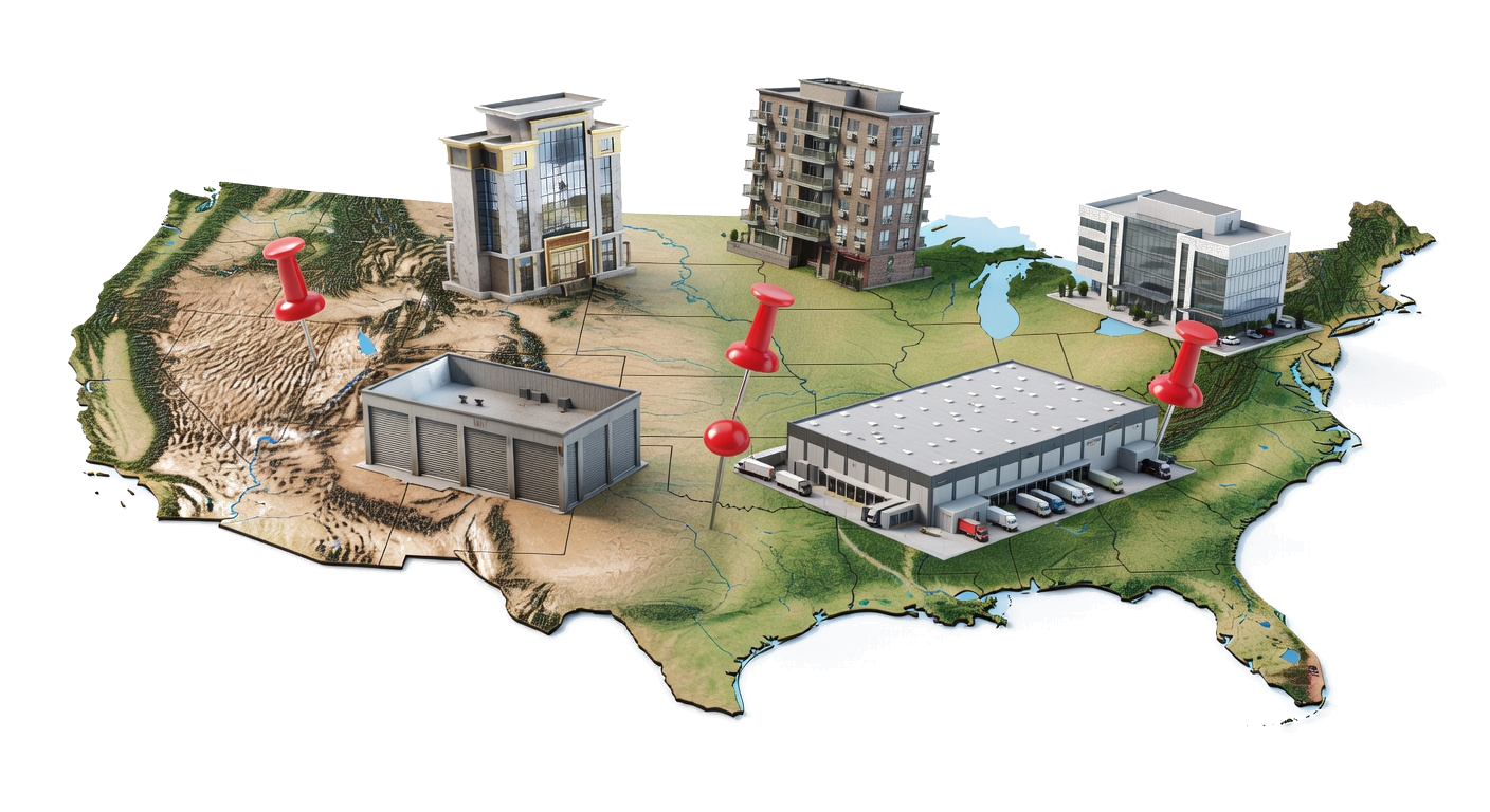 US map with red pins and miniature buildings representing DST property types