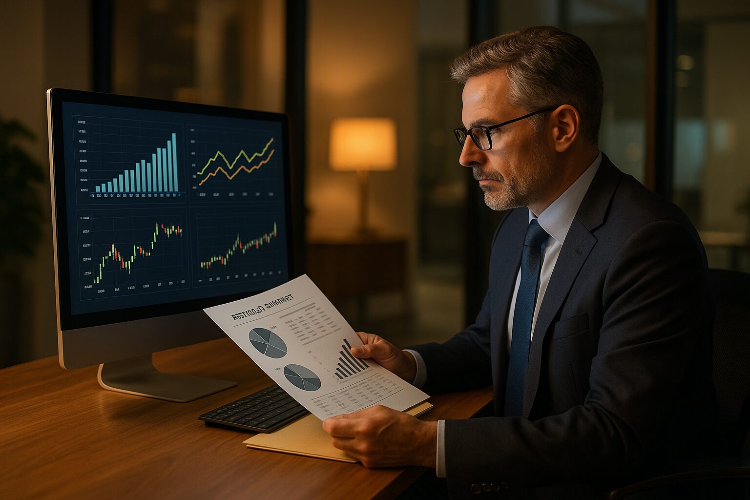 Financial advisor reviewing portfolio performance on monitor