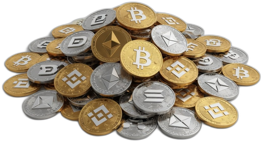Cryptocurrency coins including Bitcoin, Ethereum, Solana, BNB, and XRP